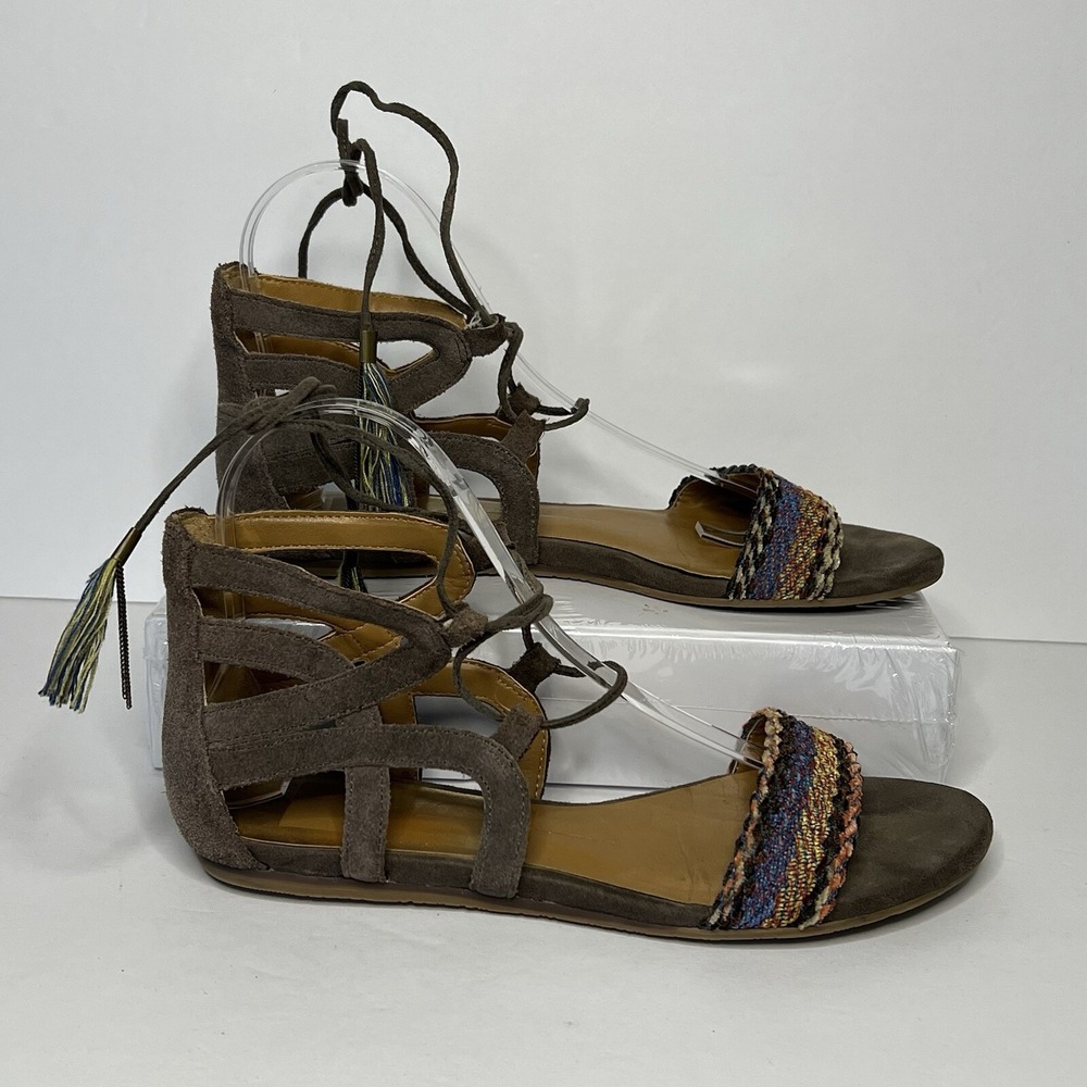 Dolce Vita flat sandals grey multi colored woven strap ankle strap with tassel 7